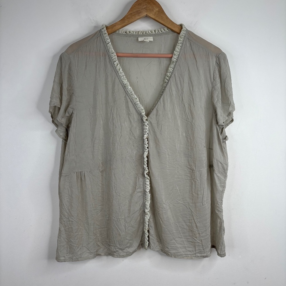 J Jill Blouse XL Short Sleeve Button Velvet Trim Sage Green Fairy Boho Lagenlook